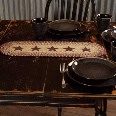 Burgundy Tan Jute Braided Table Runner Stencil Stars - The Fox Decor
